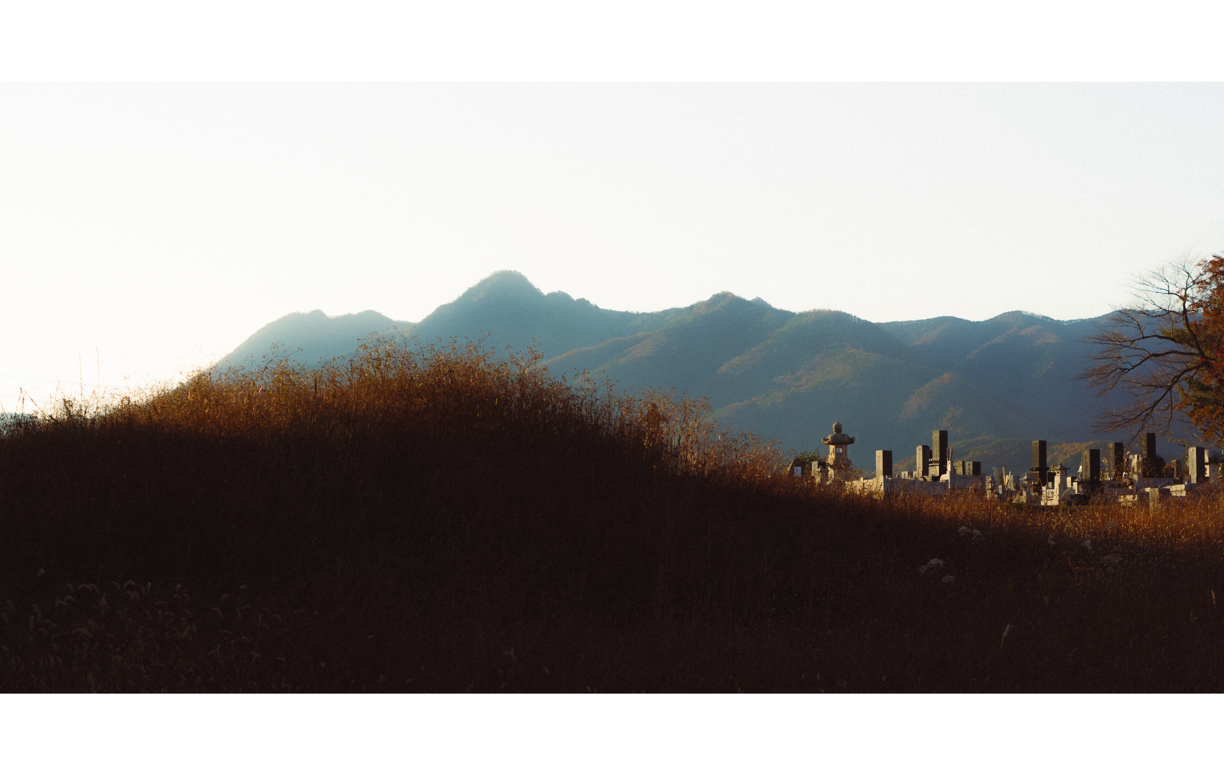 Grassy field in the foreground with a small cemetery and headstones on the right, backed by a distant city skyline and a mountain range under a pale sky.