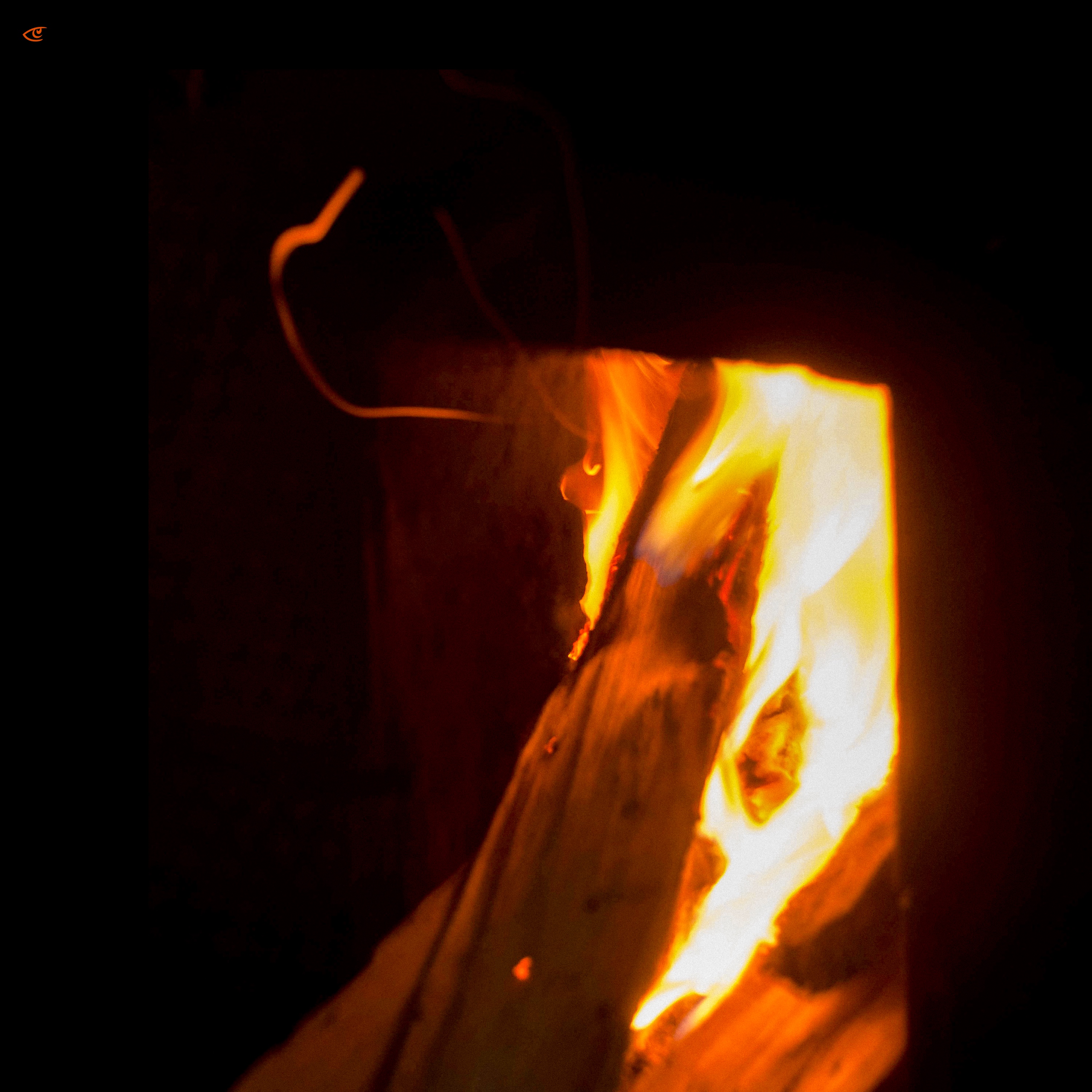 Close-up of bright orange flames rising along the right edge of a charred log against a dark background, with a thin curved twig or wire visible near the top.