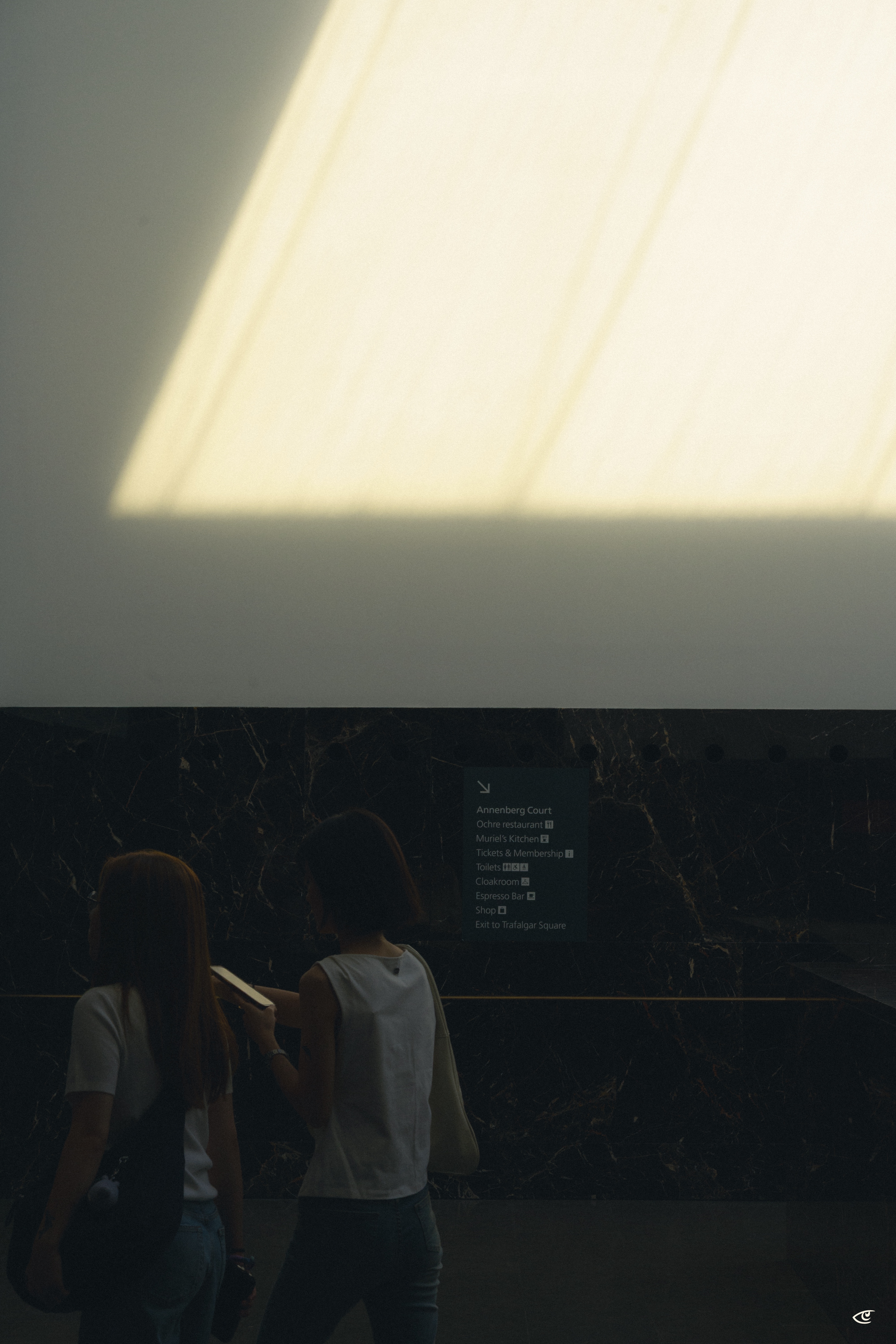 Two people seen from behind in a dim interior, standing near a dark marble wall with a directory sign, while bright sunlight from a skylight casts a large rectangular patch of light and shadow across the upper wall.