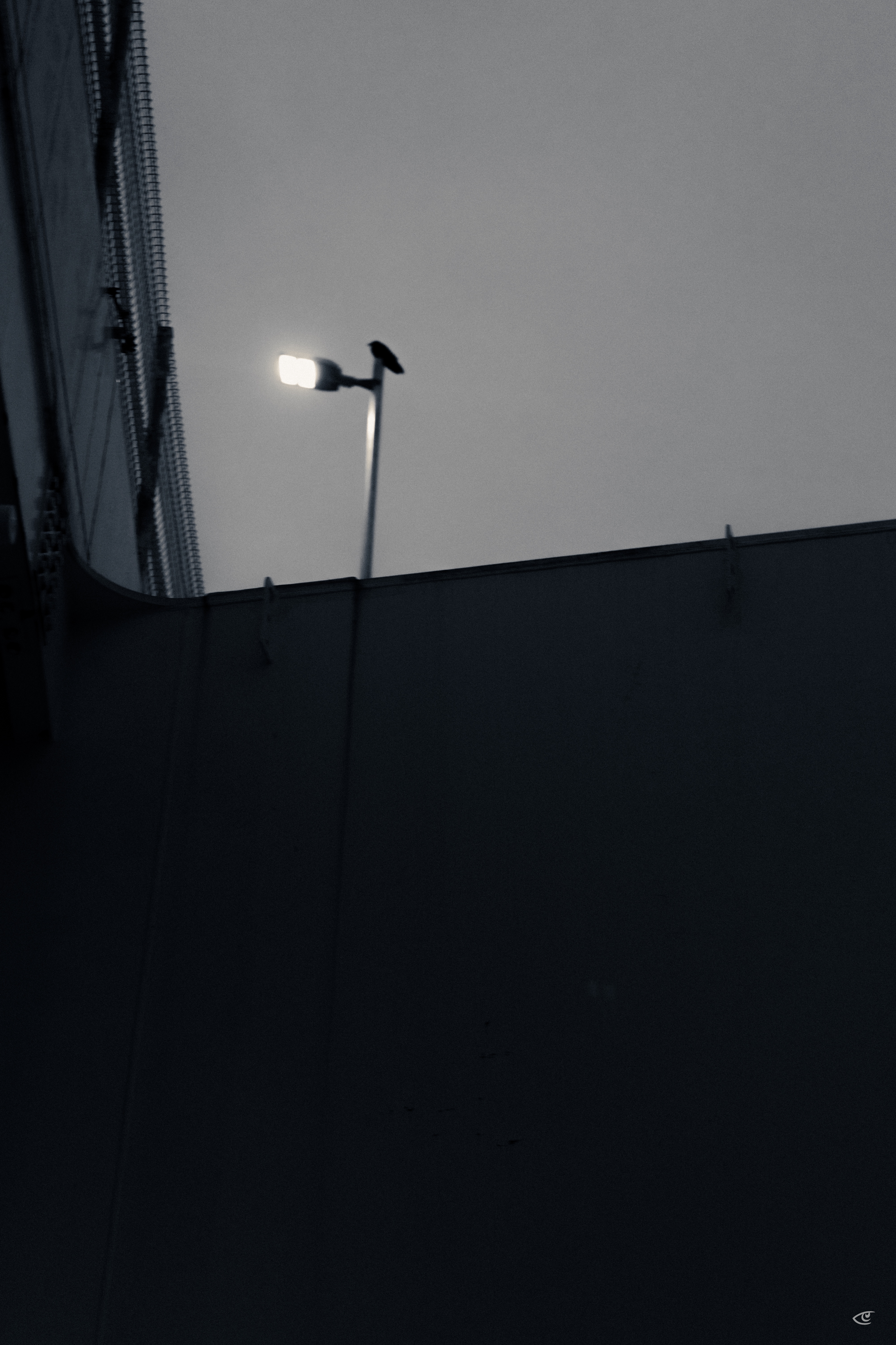 Tall streetlight glowing against a gray sky above the top edge of a dark wall, with the side of a tall building visible along the left edge.