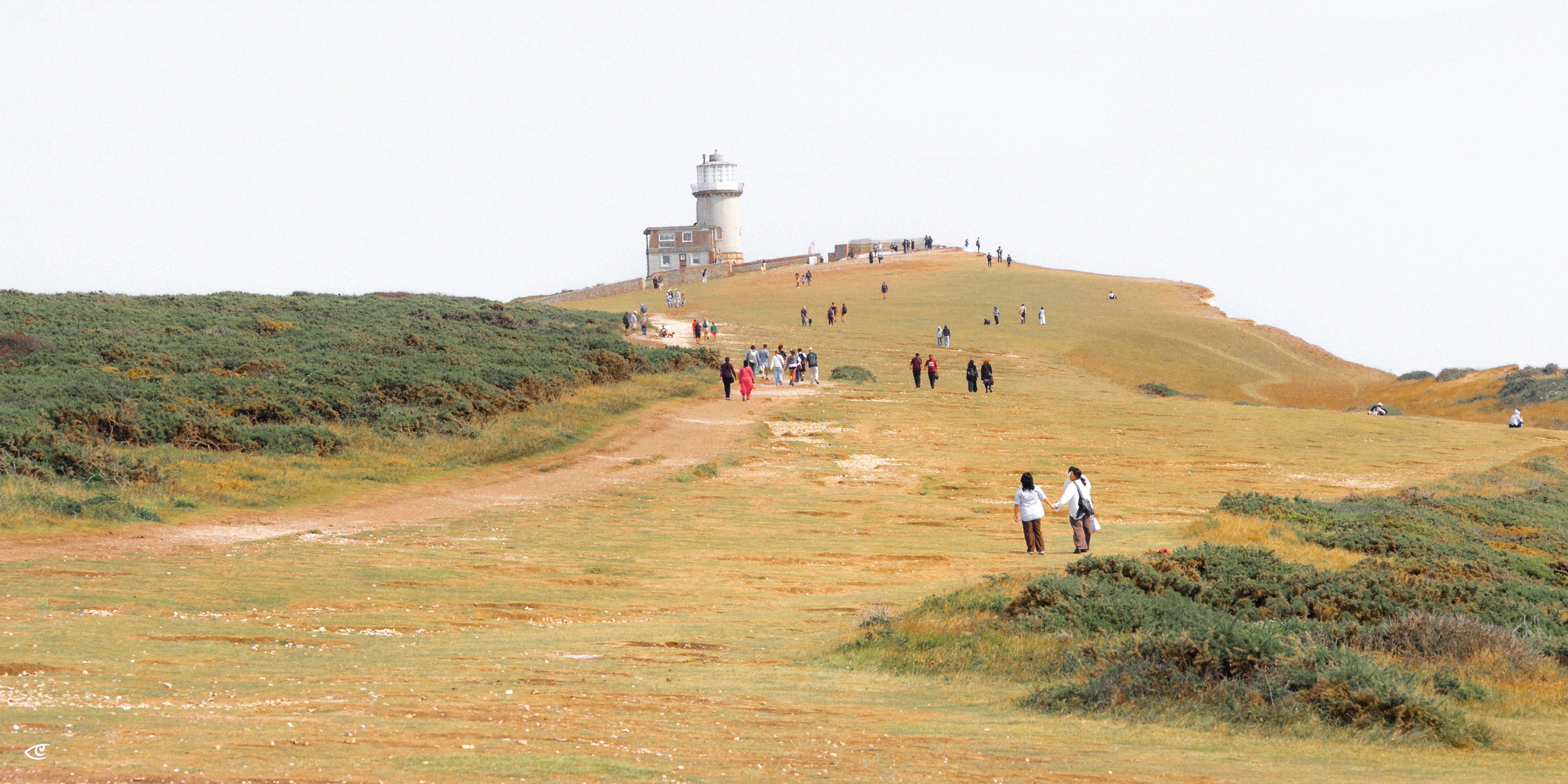 Grassy hilltop path with scattered shrubs, small groups of people walking uphill, and a lighthouse with nearby buildings at the crest against a pale sky.