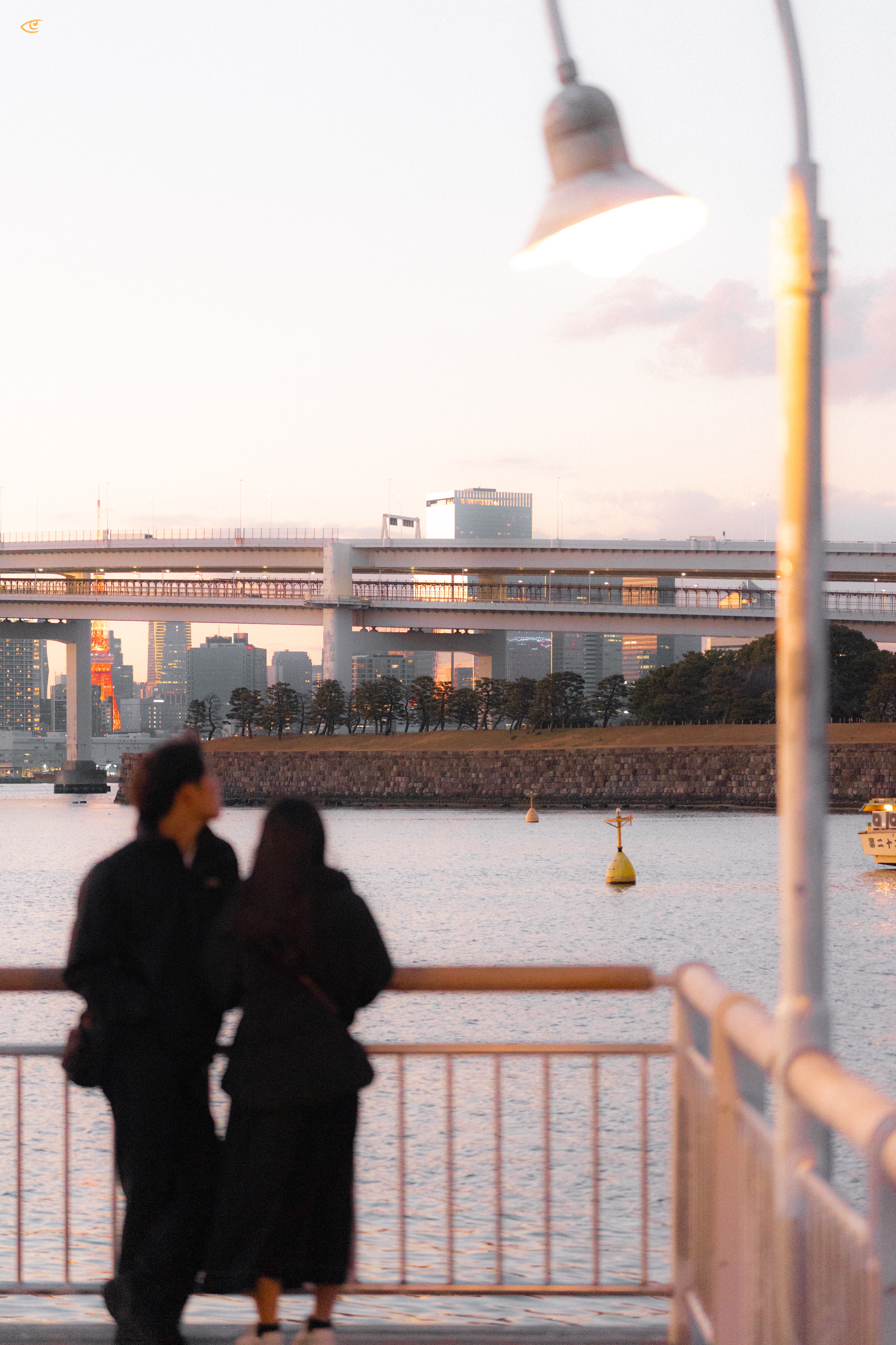 Blurred couple standing at a waterfront railing at dusk, with a glowing streetlamp in the foreground, a bridge spanning the water, city skyline in the background, and yellow buoys floating in the harbor.