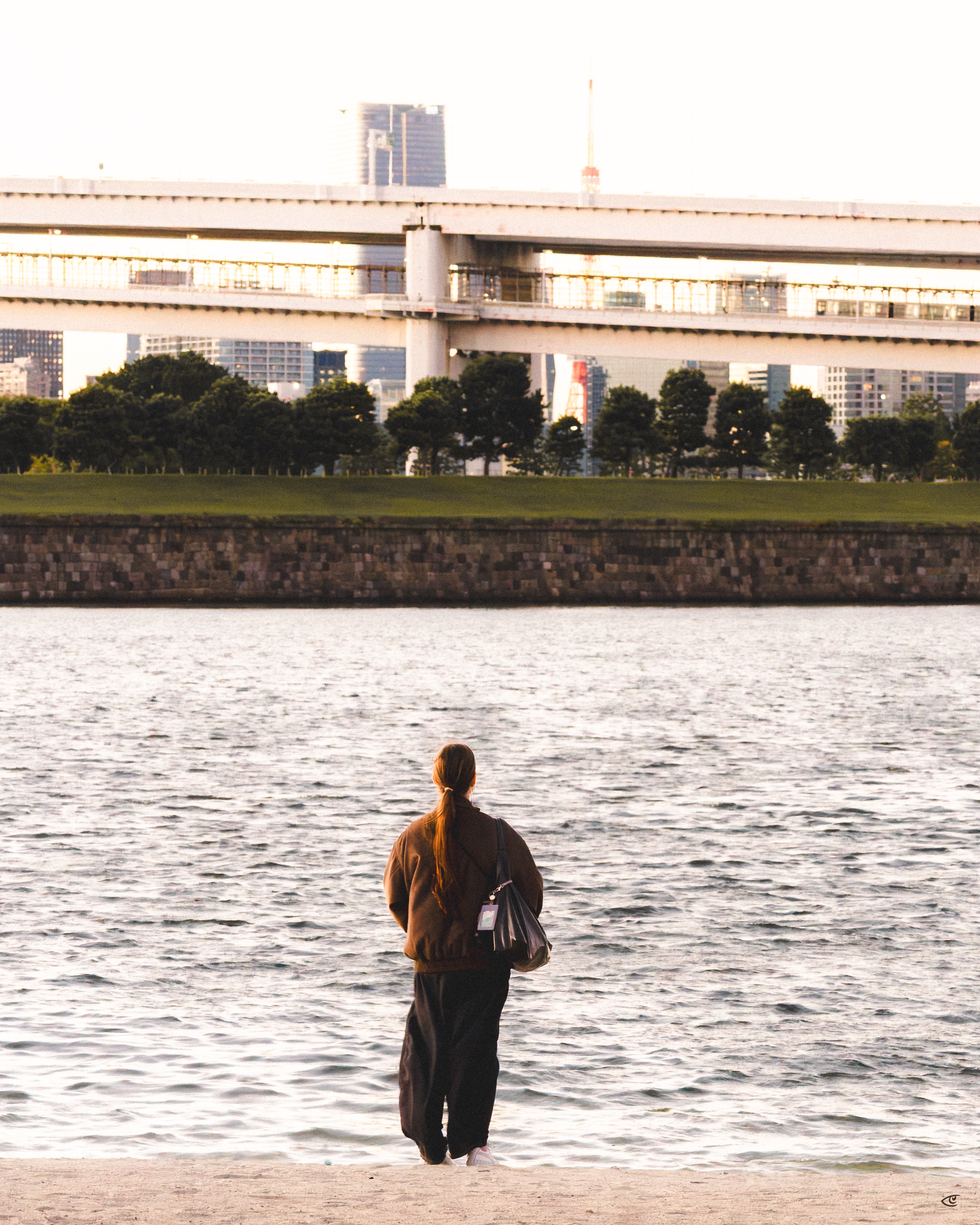Person with a long ponytail stands on a sandy shore facing a body of water, carrying a shoulder bag; across the water are a grassy embankment with trees, a stone wall, and an elevated bridge with city buildings in the background.
