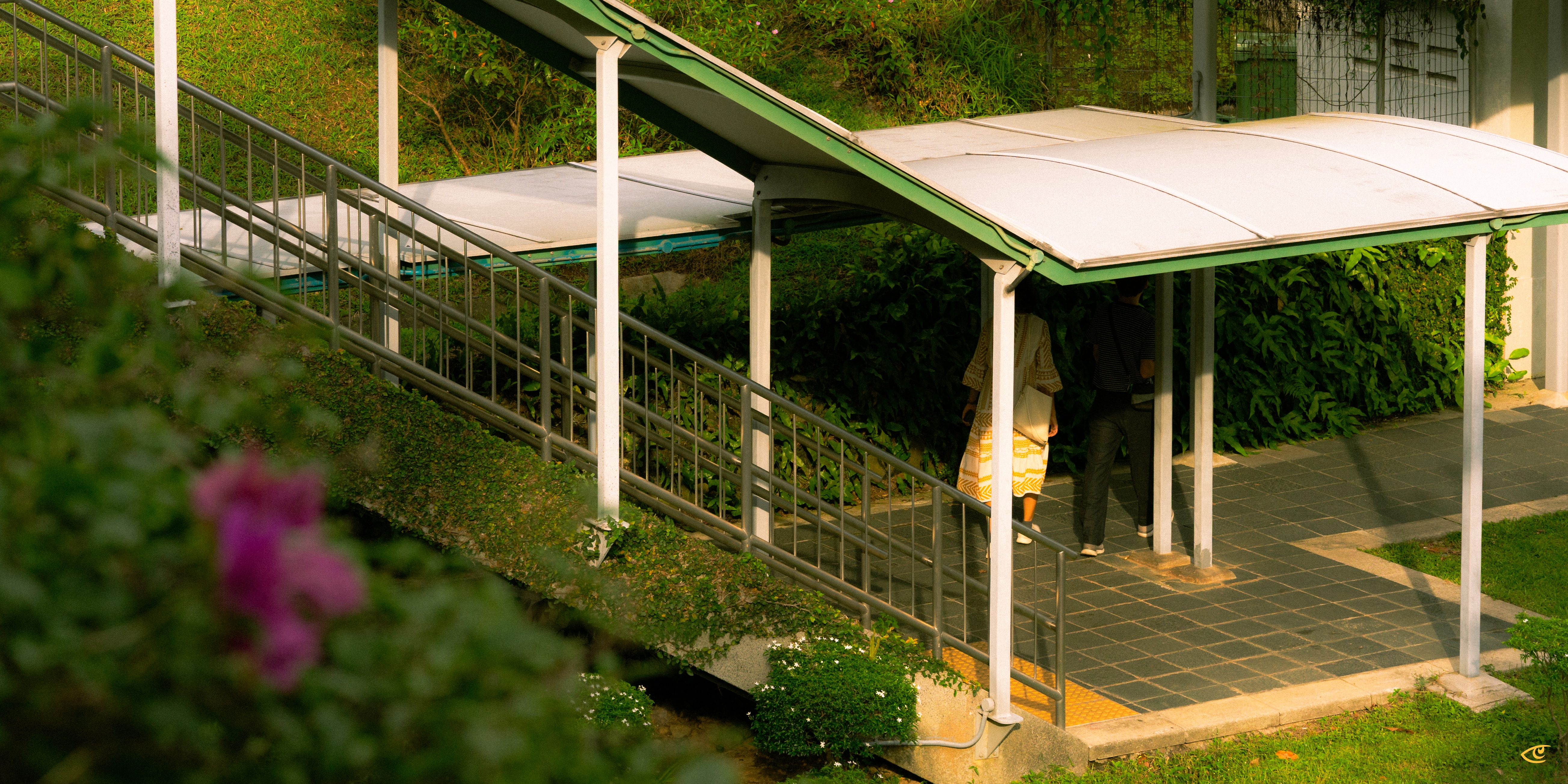 Covered outdoor walkway with metal railings and an access ramp beside a stairway; two people stand under the canopy near a tiled landing, with greenery around and blurred flowers in the foreground.