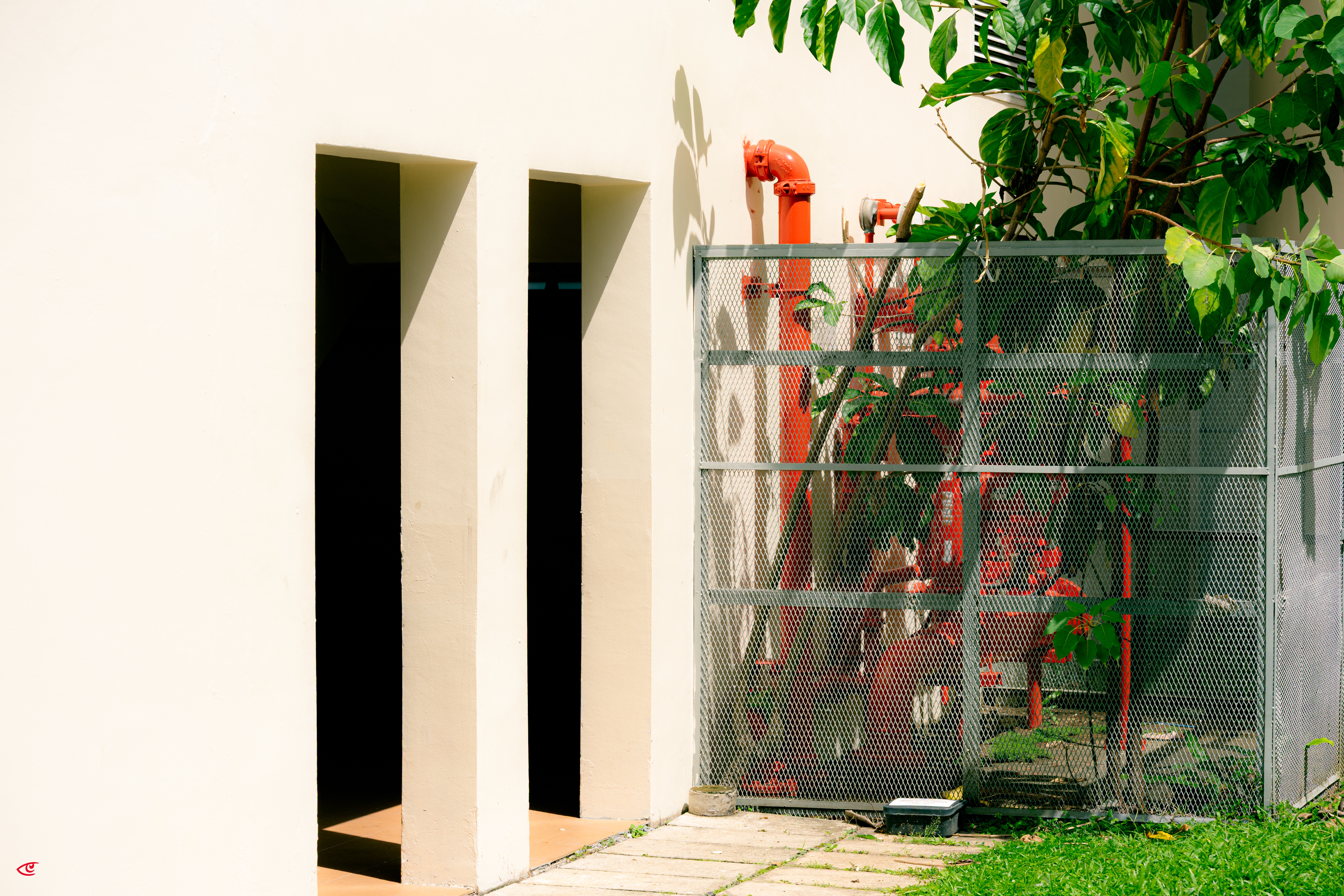 Two tall, narrow rectangular openings in a white exterior wall beside a metal mesh enclosure containing red piping and machinery, partially covered by leafy branches; paved walkway and grass in the foreground.